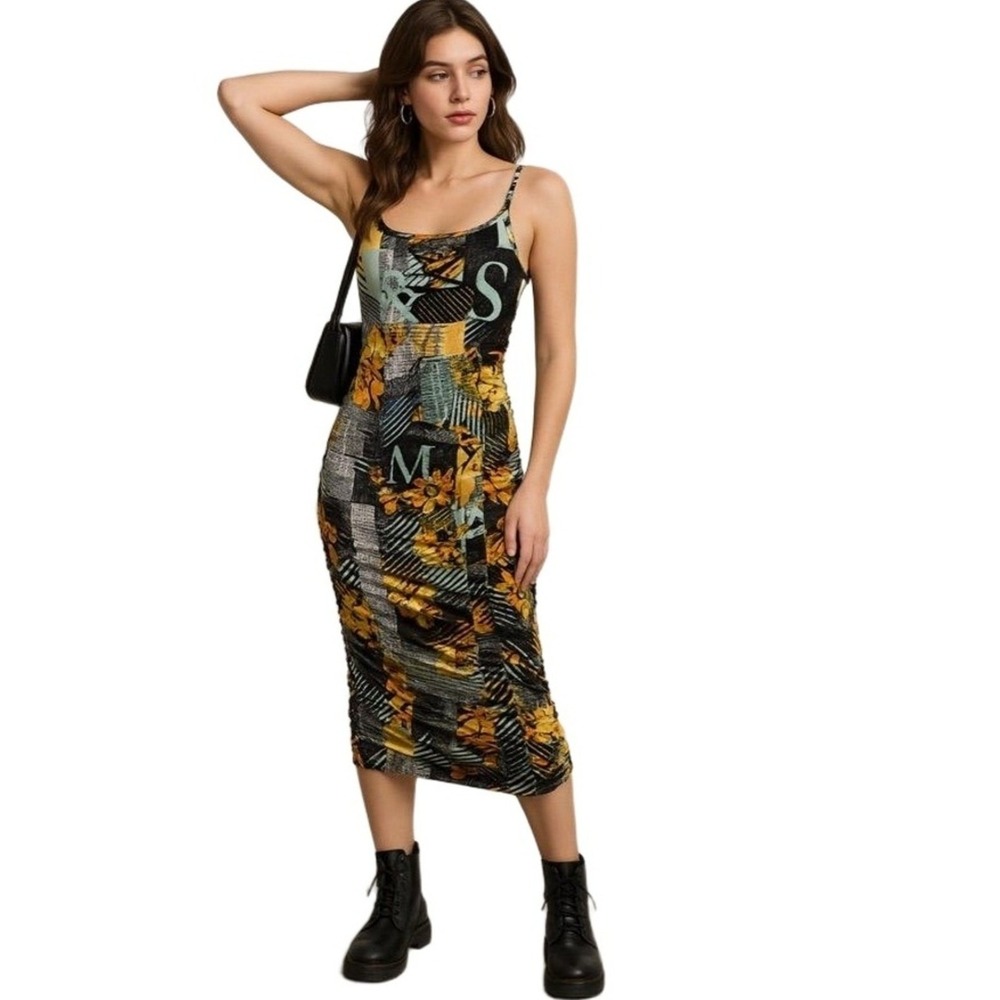 Jolie & Joy Dress Womans XL Bodycon Abstract Floral Ruched Midi Dress Newsprint